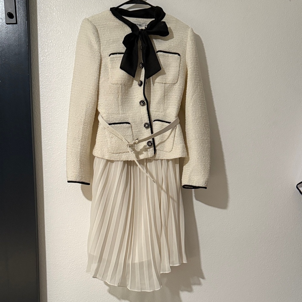 Self-Portrait Cream Blazer and midi skirt with Black Accents